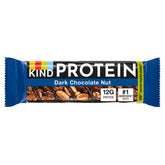 A Kind - Protein Dark Chocolate Nut - 50g bar, with blue packaging highlighting 12g protein and nuts as the #1 ingredient, displays images of dark chocolate and nuts on its wrapper.